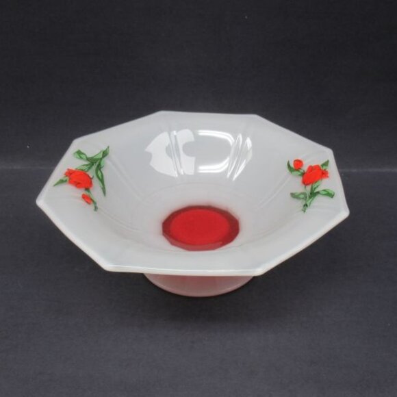 Westmoreland Glass Frosted RED TULIP Accent 9 1/4 Inch Footed Octagonal Bowl - Picture 1 of 4